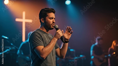 Young caucasian man singing during church worship service with lights and christian cross in background