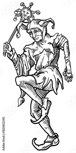 Dancing medieval or renaissance jester (fool) holding a marotte (scepter). Detailed vintage woodcut or engraving style illustration.
