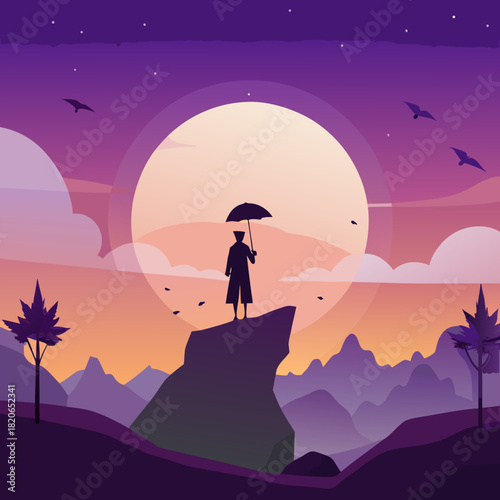 Silhouette of a person with umbrella on cliff at sunset.