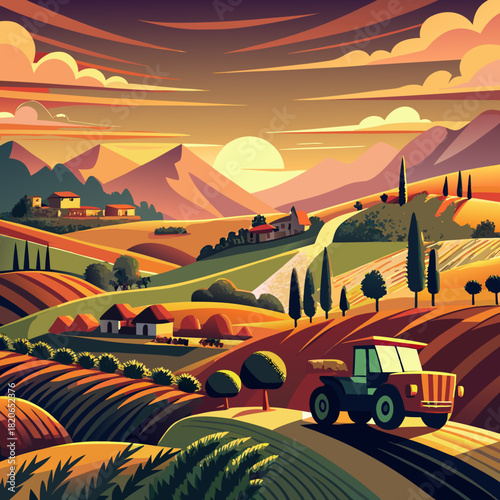 Farm landscape with tractor at sunset
