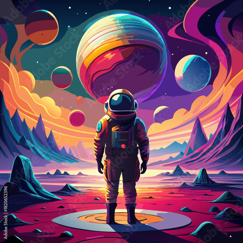 Astronaut on alien planet with vibrant space landscape
