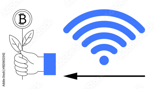 Bitcoin growth concept. Bitcoin ed as a growing plant next to a wireless connectivity symbol. Bitcoin development integrates with wireless technologies. Great for fintech, blockchain, cryptocurrency