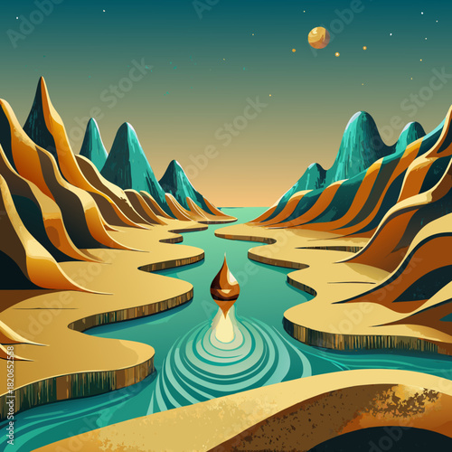 Alien landscape with winding river and distant planet