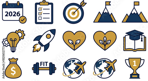 Flat Vector Set of 12 Minimalist Icons for 2026 Goal Planning with Calendar, Checklist, Target, Mountain, Lightbulb, Rocket, Heart, Book, Money Bag, Dumbbell, Globe, Trophy in Navy Gold White Colors f