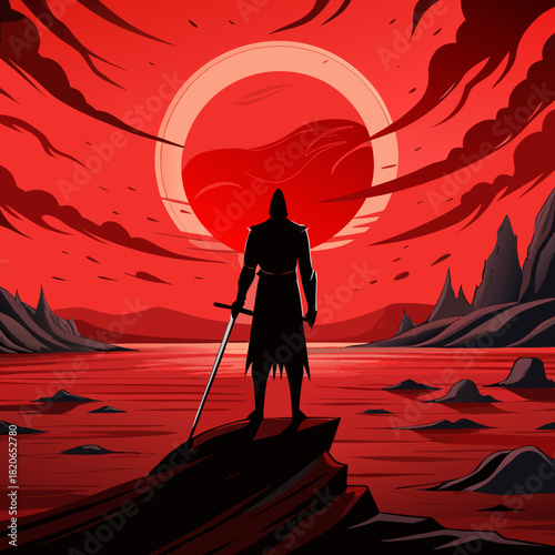 Warrior with sword stands on cliff overlooking red landscape