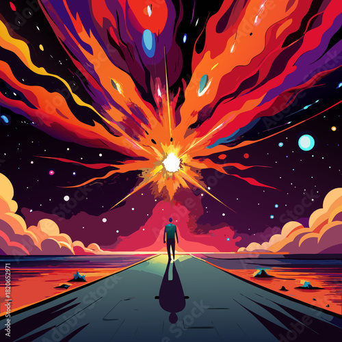 Person observing cosmic explosion