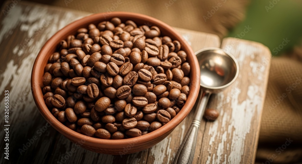 Fototapeta premium A terracotta bowl overflowing with coffee beans sits on a rustic wooden surface alongside a silver scoop