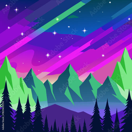 Landscape night sky with mountains and forest