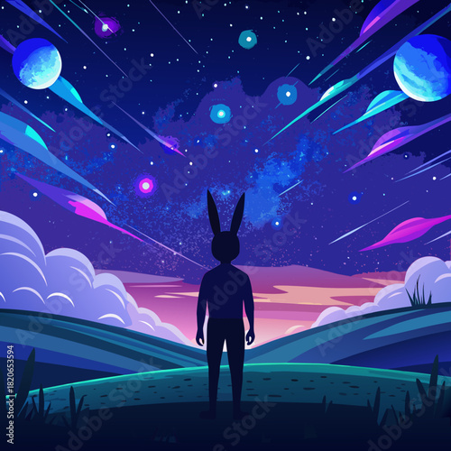 Rabbit silhouette observing cosmic night sky landscape