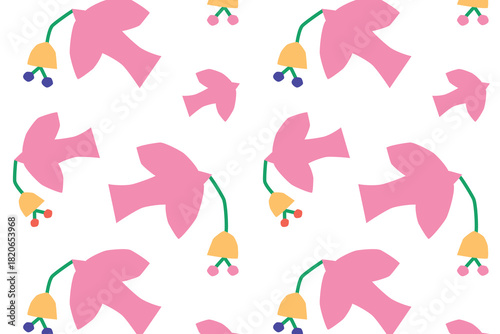 Vector illustration, flat cartoon seamless pattern of doves holding berry branches, naive kids style, cute bird design for childrens textiles, wrapping, nursery decor, minimalist peaceful spring vibe