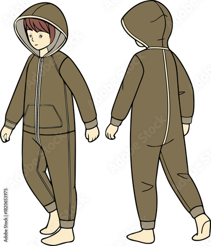snuggle suit kid warm winter clothes. Vector illustration in outline style