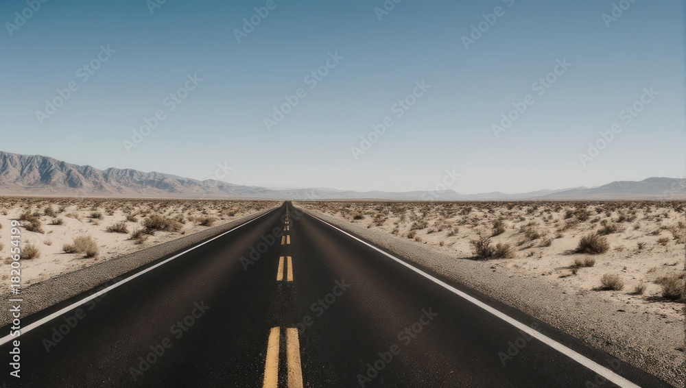 Fototapeta premium Empty highway stretches into a vast desert landscape under a clear sky. Mountains are visible in the distance