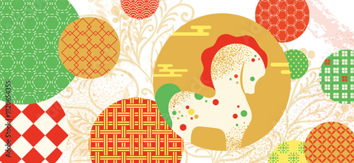 Happy Chinese New Year 2026 Horse Banner with Colorful Patchwork Circles and Oriental Patterns. Traditional Elements in Modern Design.  Festive Oriental Celebration Background.
