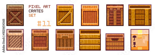 Pixel Art Wooden Crates Set. Retro 8bit Game Loot Boxes and Shipping Parcel Icons for Platformer Levels and UI Sprites.