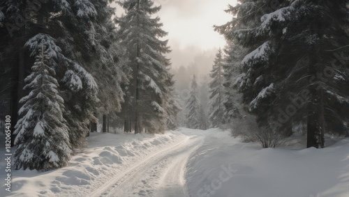Snowy forest path. Sunlight filters through trees