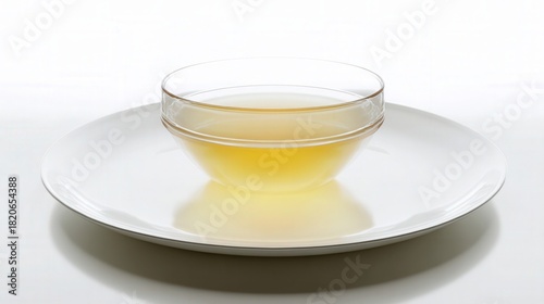 Clear chicken broth in a glass bowl on white background isolated. Generative AI