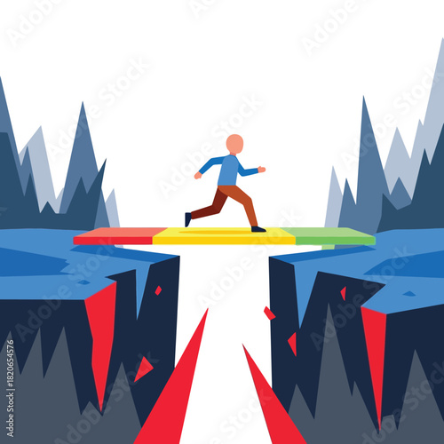 Person bravely crosses a dangerous gap on a colorful bridge towards success