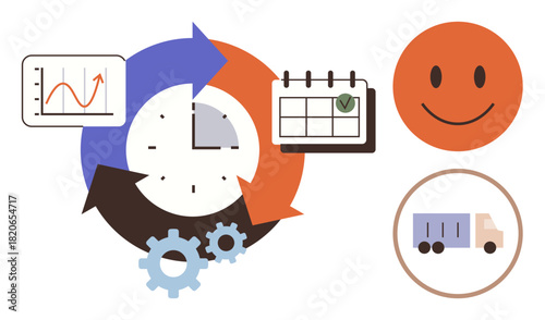 Clock inside circular arrows highlights time flow, gears denote planning, chart and calendar signify productivity tracking, truck implies delivery, happy face for satisfaction. Ideal for planning