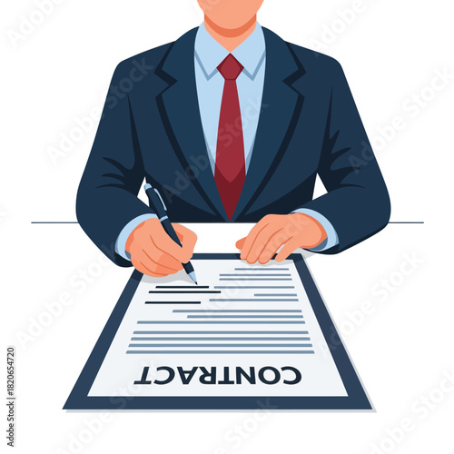 Professional businessman signs important contract document with pen at desk