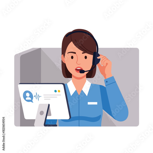 Professional customer service agent assisting clients with headset and computer