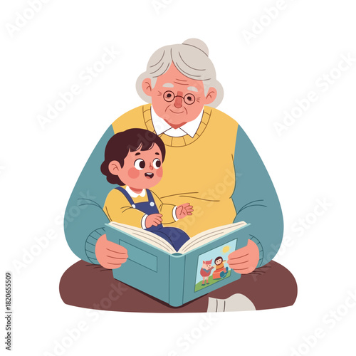 Grandmother reads storybook to happy child, creating cherished memories