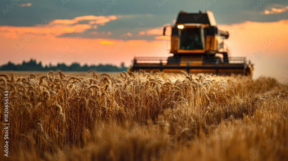 Fototapeta premium Combine harvester working in a field of wheat during sunset