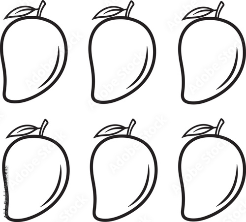 Six outline illustrations of mangoes with leaves on a white background fruit tropical