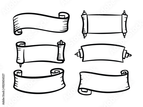 Collection of six hand drawn scroll banner designs in black and white