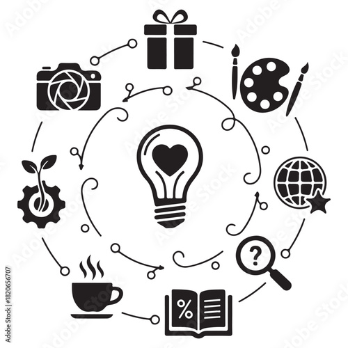 Creative Inspiration Circle Icons – Idea, Art, Learning, Photography & Productivity Vector Set