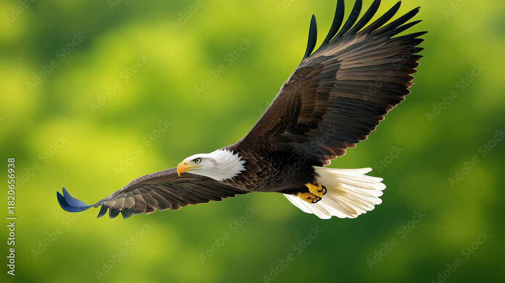 Obraz premium Eagle soaring in sky with wings spread, sharp focus, blurred green background