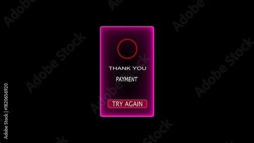 Neon Pink Payment Failed Notification alert. 4K video black background.4k animation.