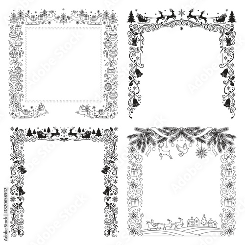 Christmas Decorative Frame Set in Line Art Style with Holiday Borders, Reindeer and Festive Ornaments