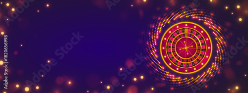 Casino roulette wheel with golden rim and pink numbered sectors on purple banner background. Sparkling circular dots pattern surrounds gambling table game in luxurious 3d poker winner atmosphere.