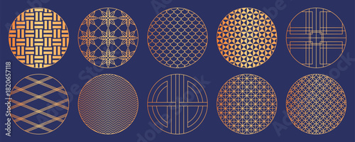 Japanese pattern with golden circles and traditional oriental geometric frames on blue background. Elegant Asian design of vintage elements. Decorative vector illustration with symbolic floral motifs.