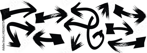 Brushstroke arrow icon set, artistic directional symbols, black silhouette graphic, dynamic movement design elements, scattered layout illustration