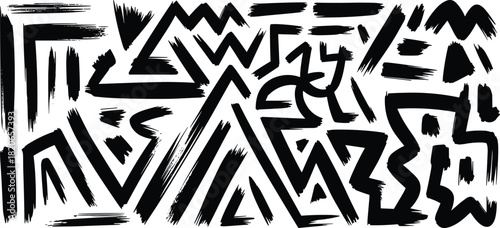 Abstract brushstroke icon set, black tribal-style shapes, expressive graphic design, jagged texture elements, artistic symbol illustration