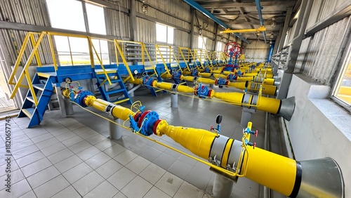 The photo shows yellow and blue gas pipes located in a large hangar. The pipes are made of light-colored metal and are suitable for gas production.