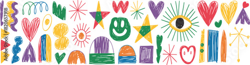 Crayon-style abstract icon set, colorful playful doodle shapes, expressive hand-drawn design, whimsical graphic illustration