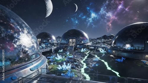 Nighttime view of a futuristic space colony with illuminated dome habitats and glowing crystals on an alien world