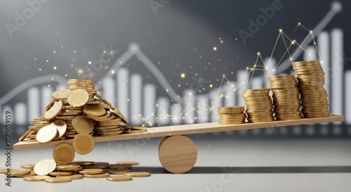 Seesaw with Gold Coins — Illustrating business balance, profit variation, and market shifts