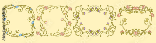 Art nouveau floral frame with elegant vintage border design. Decorative botanical ornaments with intricate leaves, roses and flowing vine patterns. Victorian style flourishes and ornate foliage.