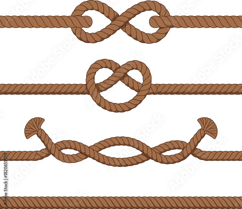 Rope knot icon set, decorative and functional tying techniques, brown cord silhouette illustration, crafting and safety design elements