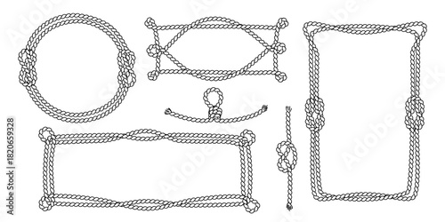 Nautical rope frames and vintage sailor knots collection. Vector marine borders with braided patterns and maritime decorative elements. Classic naval design with round, rhombus and rectangular shapes.