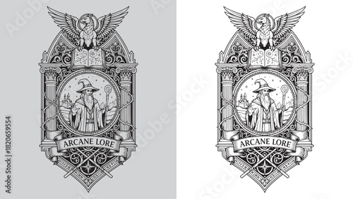 Vintage Etching Style Emblem: Wizard, Arcane Lore, Griffin and Ancient Castle