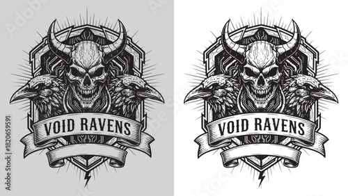 Dark Fantasy Gaming Logo: Horned Skull, Void Ravens, and Cybernetic Hexagon Emblem