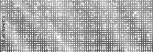 Disco ball background with glitter mosaic pattern and mirror tile texture. Silver sequin party backdrop with sparkle effect for dance club floor. Seamless disco wall with neon light and retro shine.