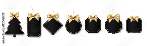 Luxury black and gold Holiday gift Tags for Christmas retail promotions, product packaging, holiday sales, advertising, event branding, greeting, invitations.Vector set