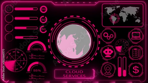 Cloud Services Dashboard Interface with Global Data. Business, technology, internet and networking concept .global maps, and complex graphical data.4k motion.