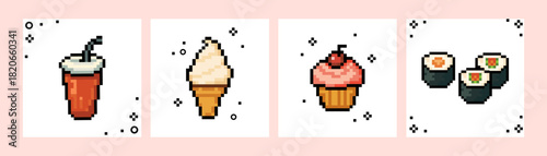 Set of pixel art food icons featuring soda, ice cream, cupcake and sushi, for fast food branding, diner menus, snack bar promotions, Vector