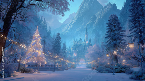 Enchanting winter landscape featuring a magical castle surrounded by twinkling lights and snow-covered trees at dusk